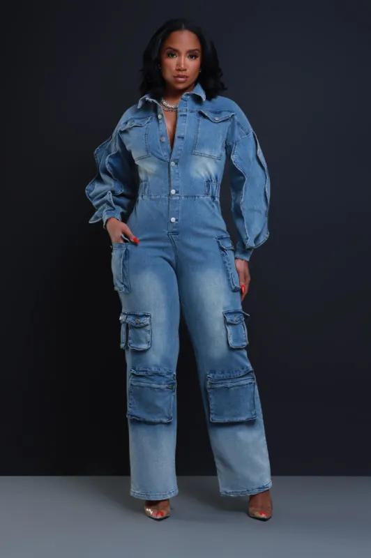 Repeat After Me Denim Cargo Jumpsuit - Light Wash sold by Swankaposh