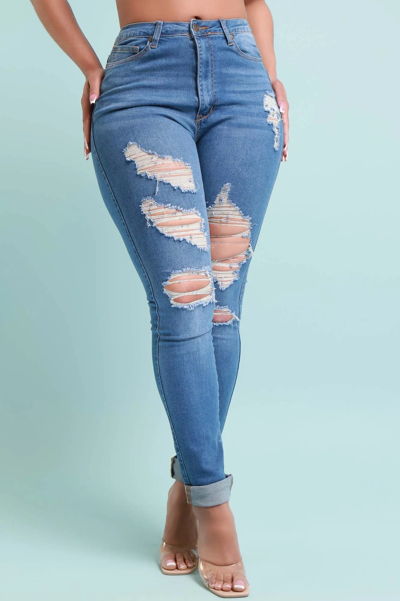 Don't Blame Me High Rise Distressed Stretchy Jeans - Medium Wash sold by Swankaposh product image thumbnail 2