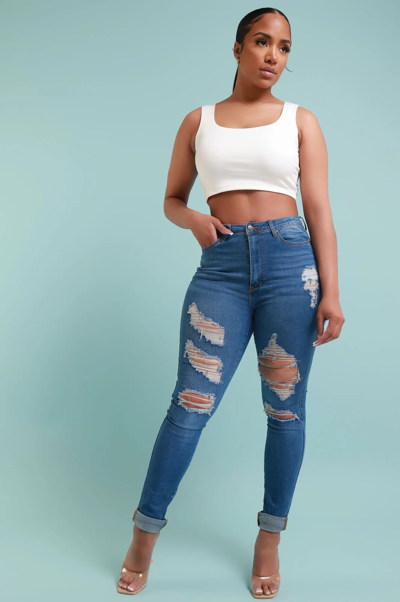Don't Blame Me High Rise Distressed Stretchy Jeans - Medium Wash sold by Swankaposh product image thumbnail 3