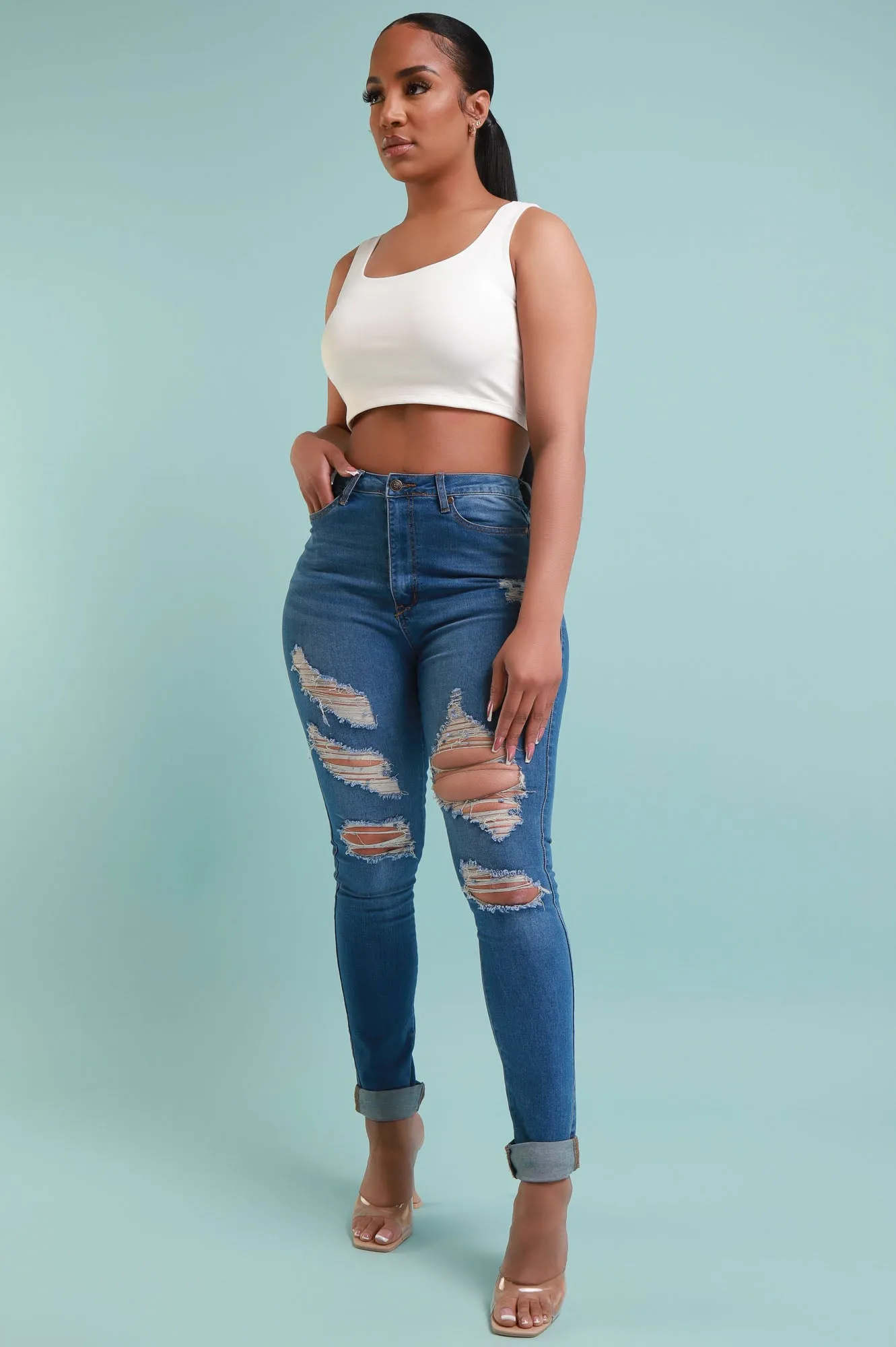 Don't Blame Me High Rise Distressed Stretchy Jeans - Medium Wash sold by Swankaposh