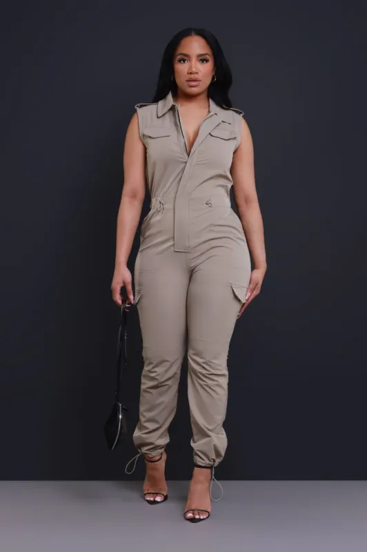 On Safari Cargo Jumpsuit - Khaki sold by Swankaposh
