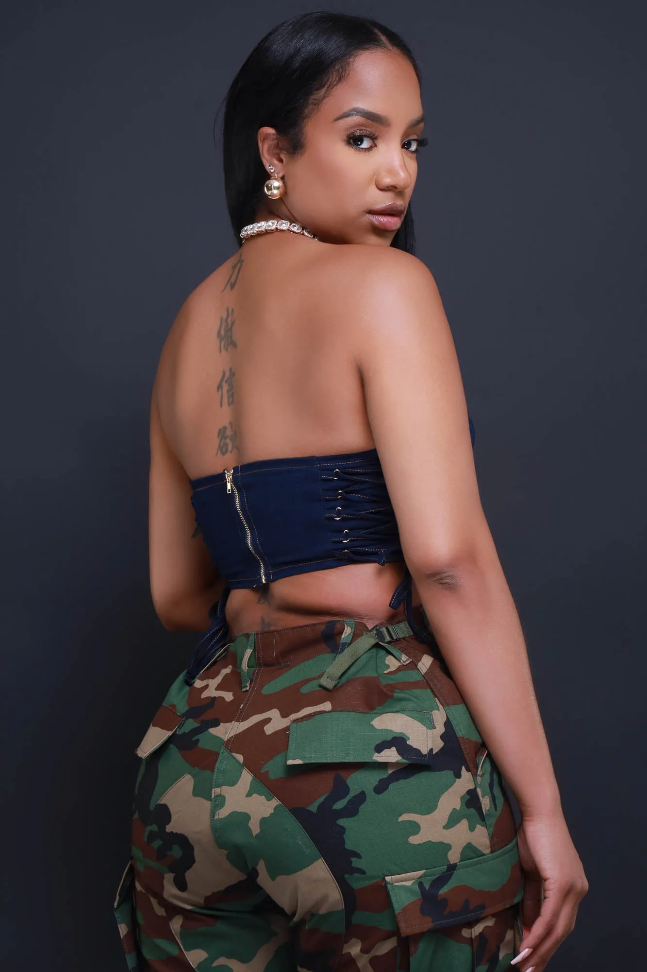 Mad Dog Denim Lace Up Corset Crop Top - Dark Wash sold by Swankaposh product image thumbnail 3