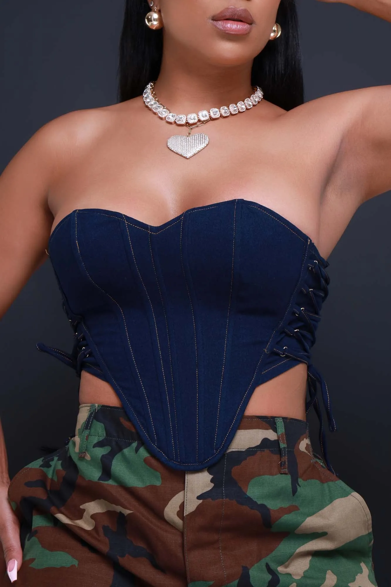 Mad Dog Denim Lace Up Corset Crop Top - Dark Wash sold by Swankaposh