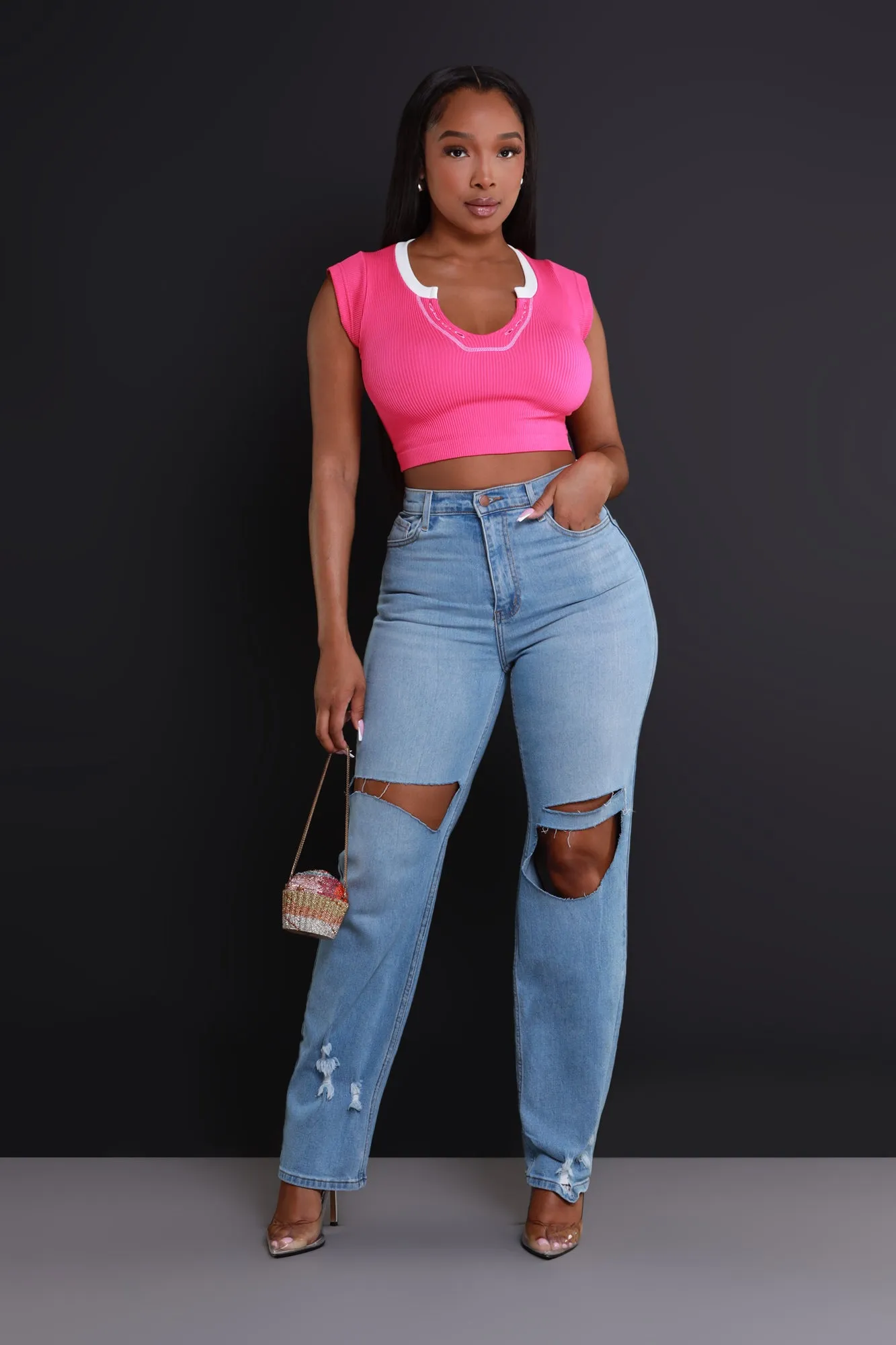 Fun Tonight Contrast Ribbed Crop Top - Pink/White sold by Swankaposh product image thumbnail 2