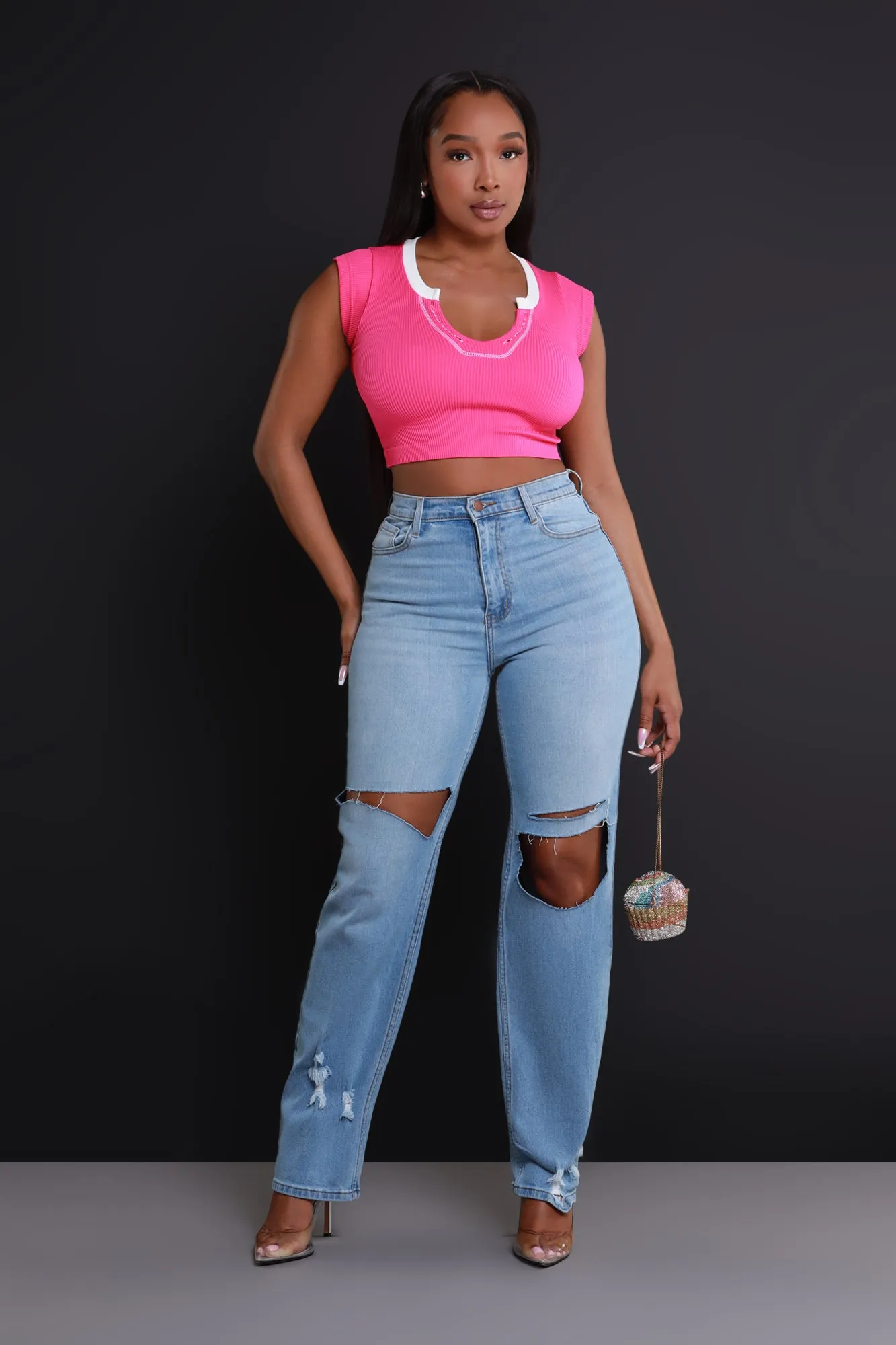 Fun Tonight Contrast Ribbed Crop Top - Pink/White sold by Swankaposh product image thumbnail 4