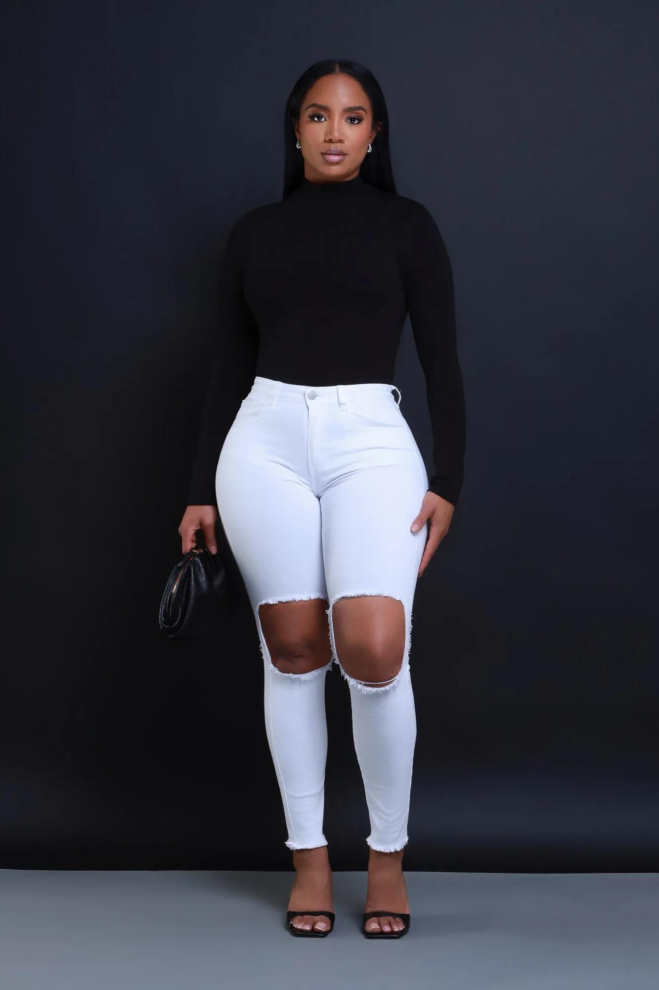 Past Due Hourglass Distressed Stretchy Skinny Jeans - White sold by Swankaposh