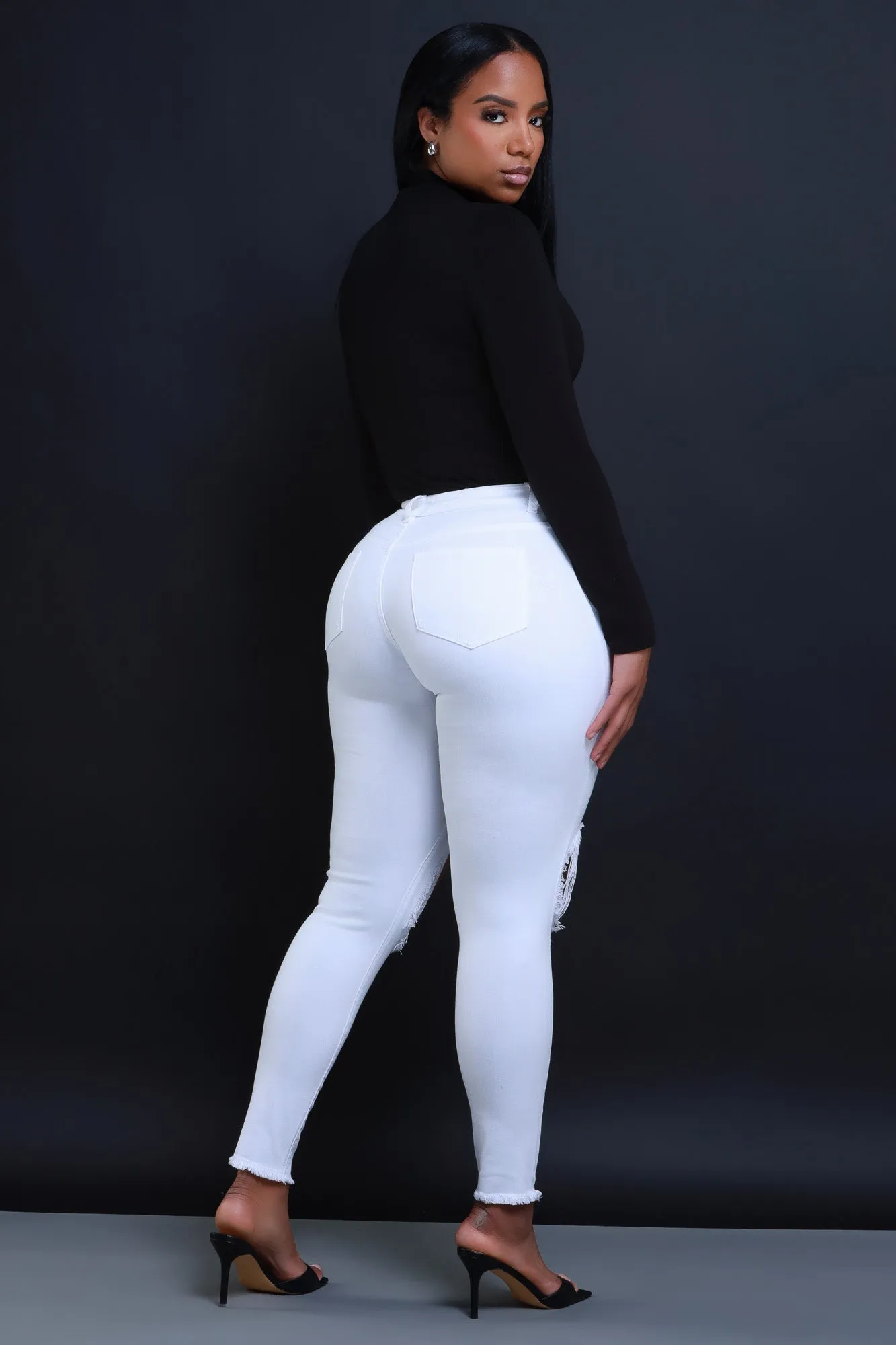 Past Due Hourglass Distressed Stretchy Skinny Jeans - White sold by Swankaposh product image thumbnail 3