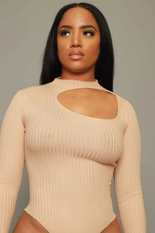 Chat Room Cut Out Turtleneck Knit Bodysuit - Sand sold by Swankaposh