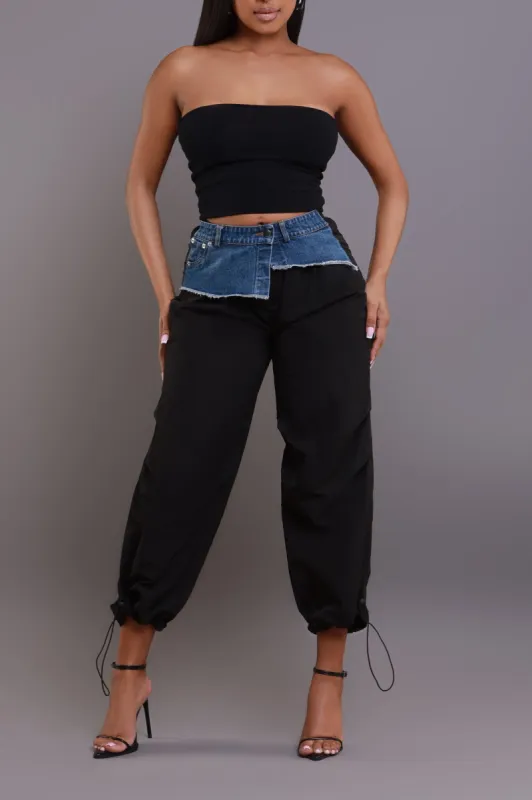 Pay The Fine Contrast Cargo Pants - Black/Blue sold by Swankaposh