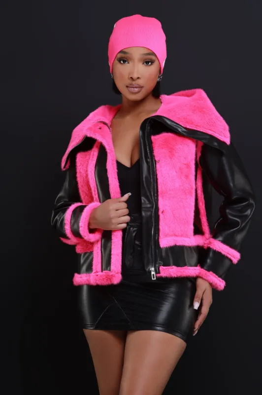 Prevail Faux Leather Fur Jacket - Pink/Black sold by Swankaposh