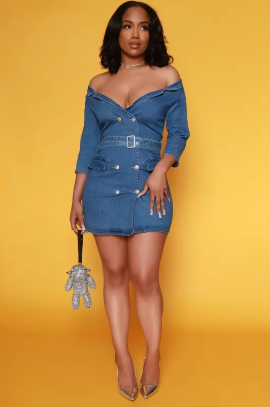 Turn It Up Belted Denim Wrap Dress - Blue sold by Swankaposh