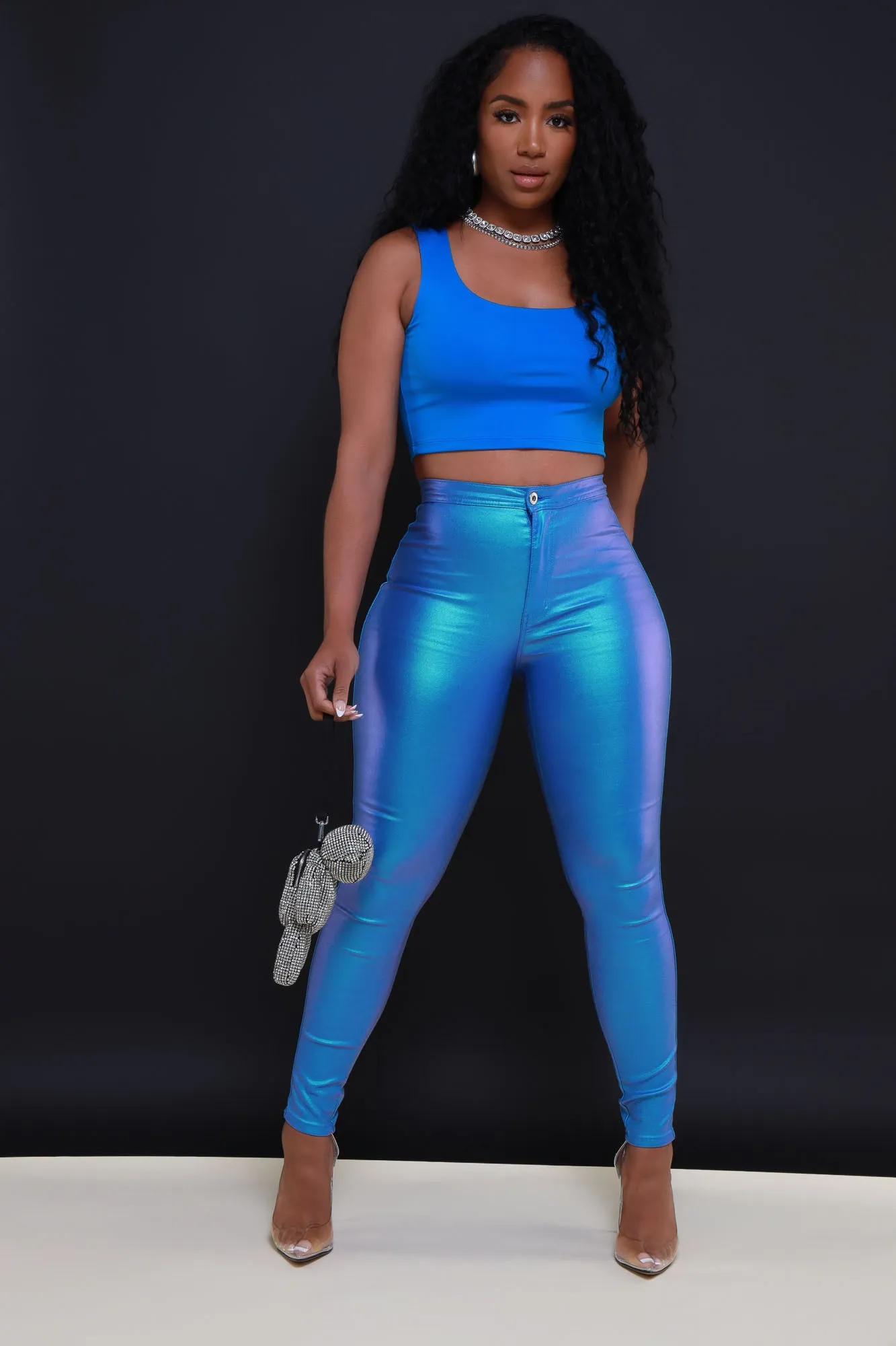 Coming In Hot High Rise Metallic Skinny Pants - Sky Blue sold by Swankaposh