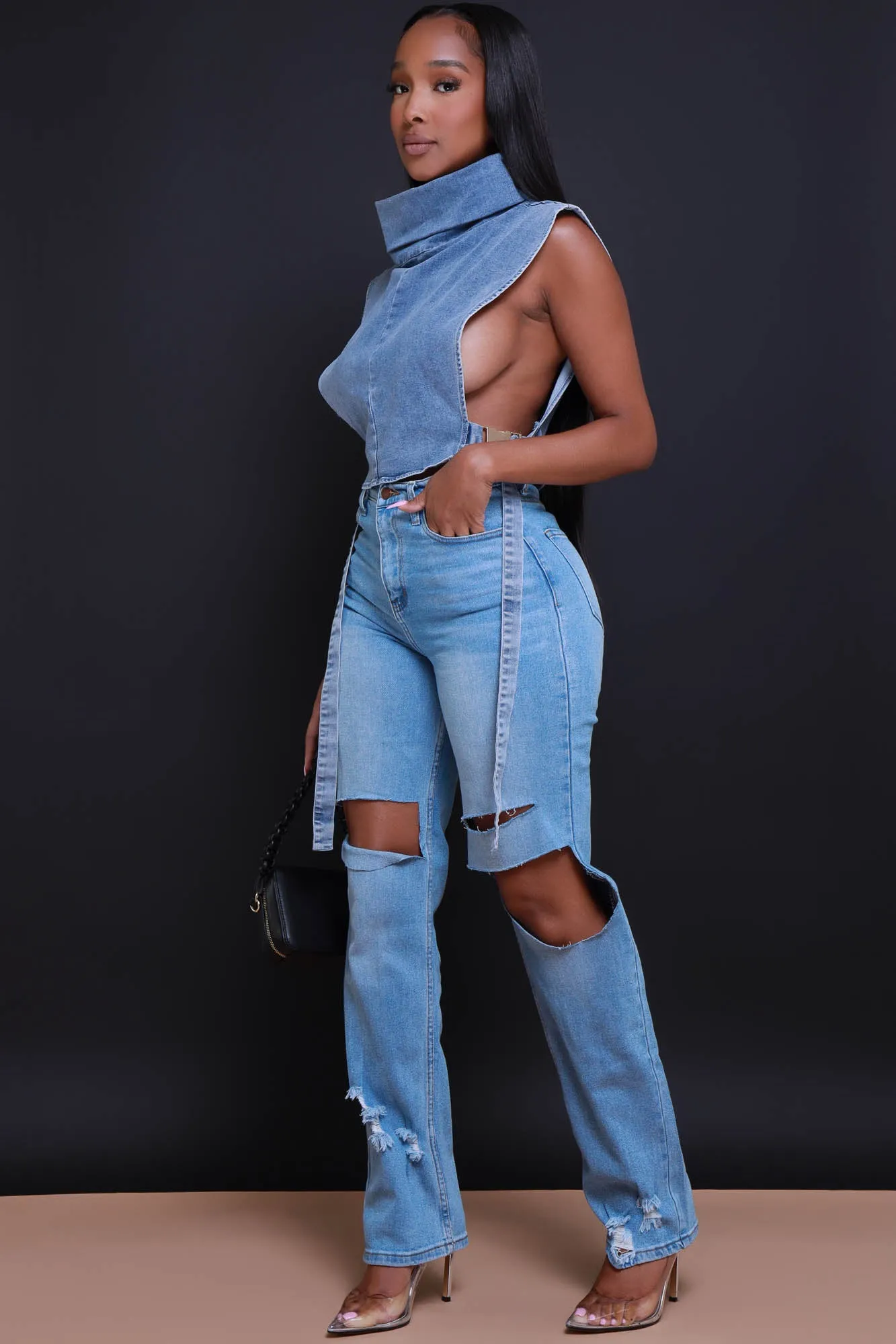 Found You High Rise Ripped Wide Leg Jeans - Medium Wash sold by Swankaposh product image thumbnail 5
