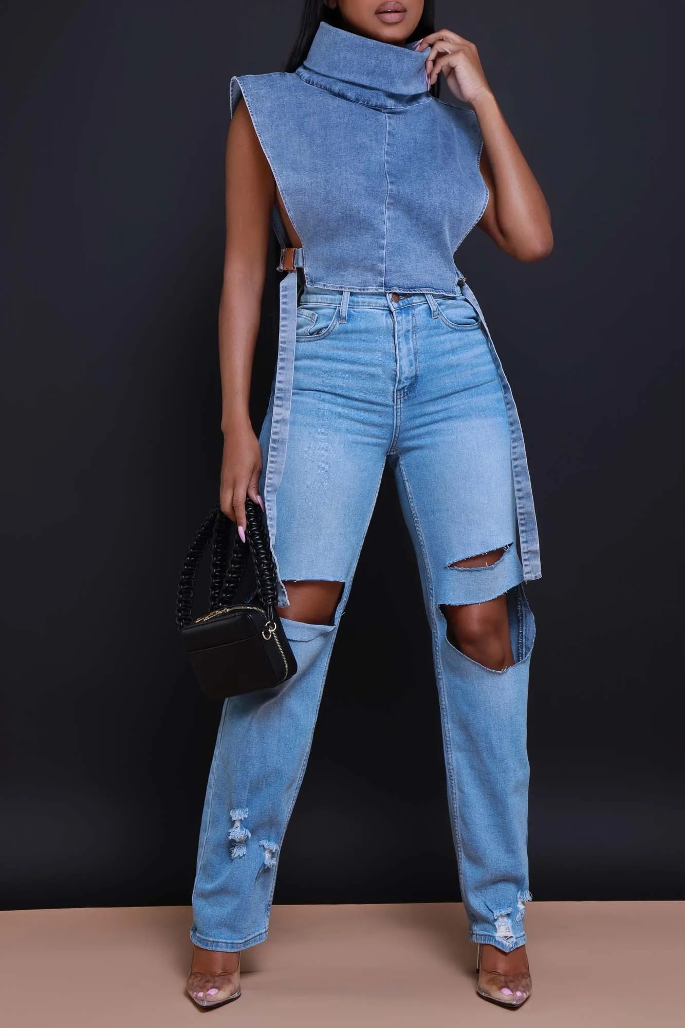 Found You High Rise Ripped Wide Leg Jeans - Medium Wash sold by Swankaposh product image thumbnail 4
