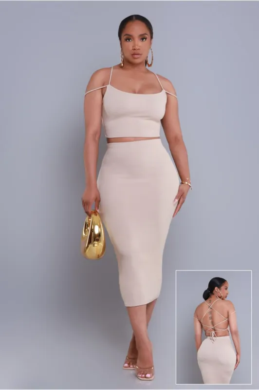Settle Down Cropped Midi Skirt Set - Taupe sold by Swankaposh