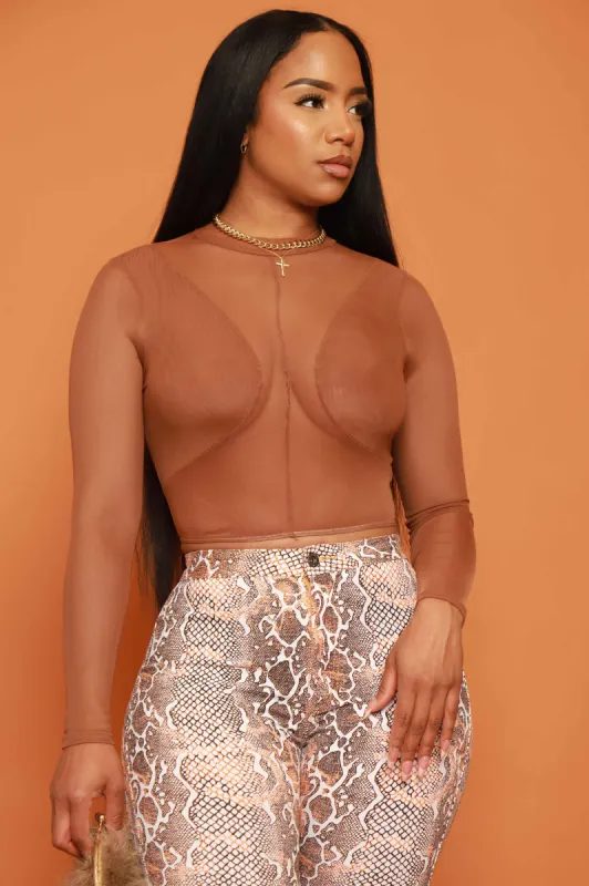Found Out Mesh Long Sleeve Crop Top - Brown sold by Swankaposh