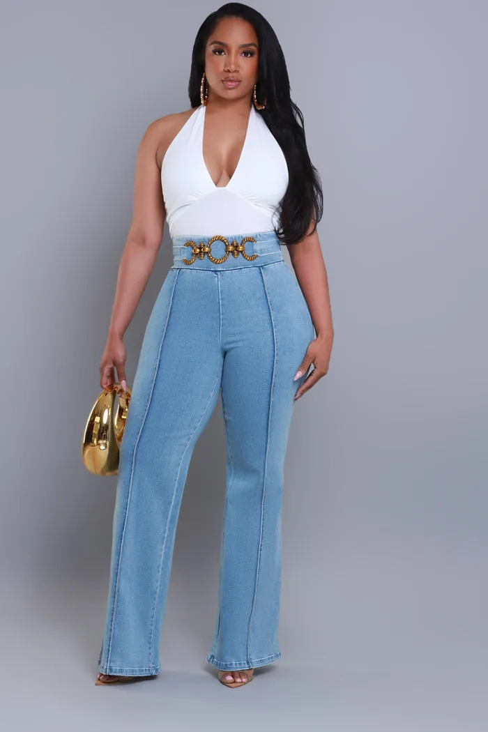 Hot Stuff High Rise Embellished Denim Pants - Med Wash sold by Swankaposh