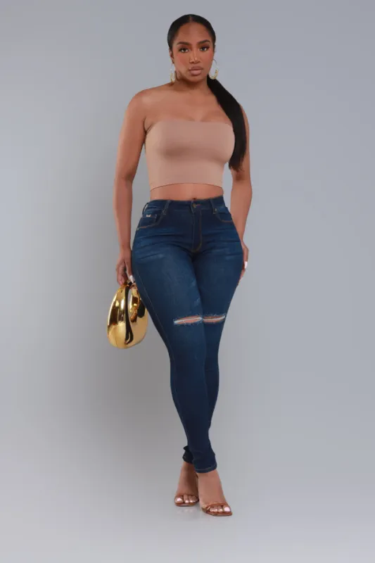 Steal The Show Hourglass High Rise Ripped Stretchy Jeans - Dark Wash sold by Swankaposh