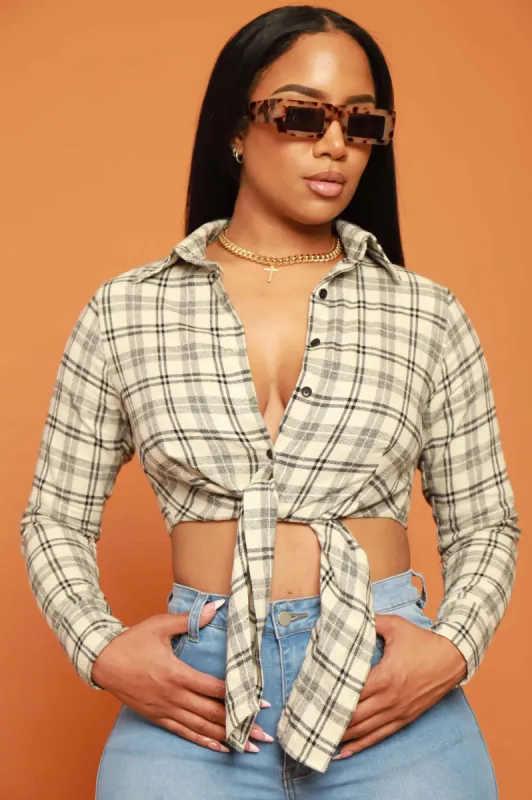 Seek Me Long Sleeve Asymmetrical Top - White/Plaid sold by Swankaposh