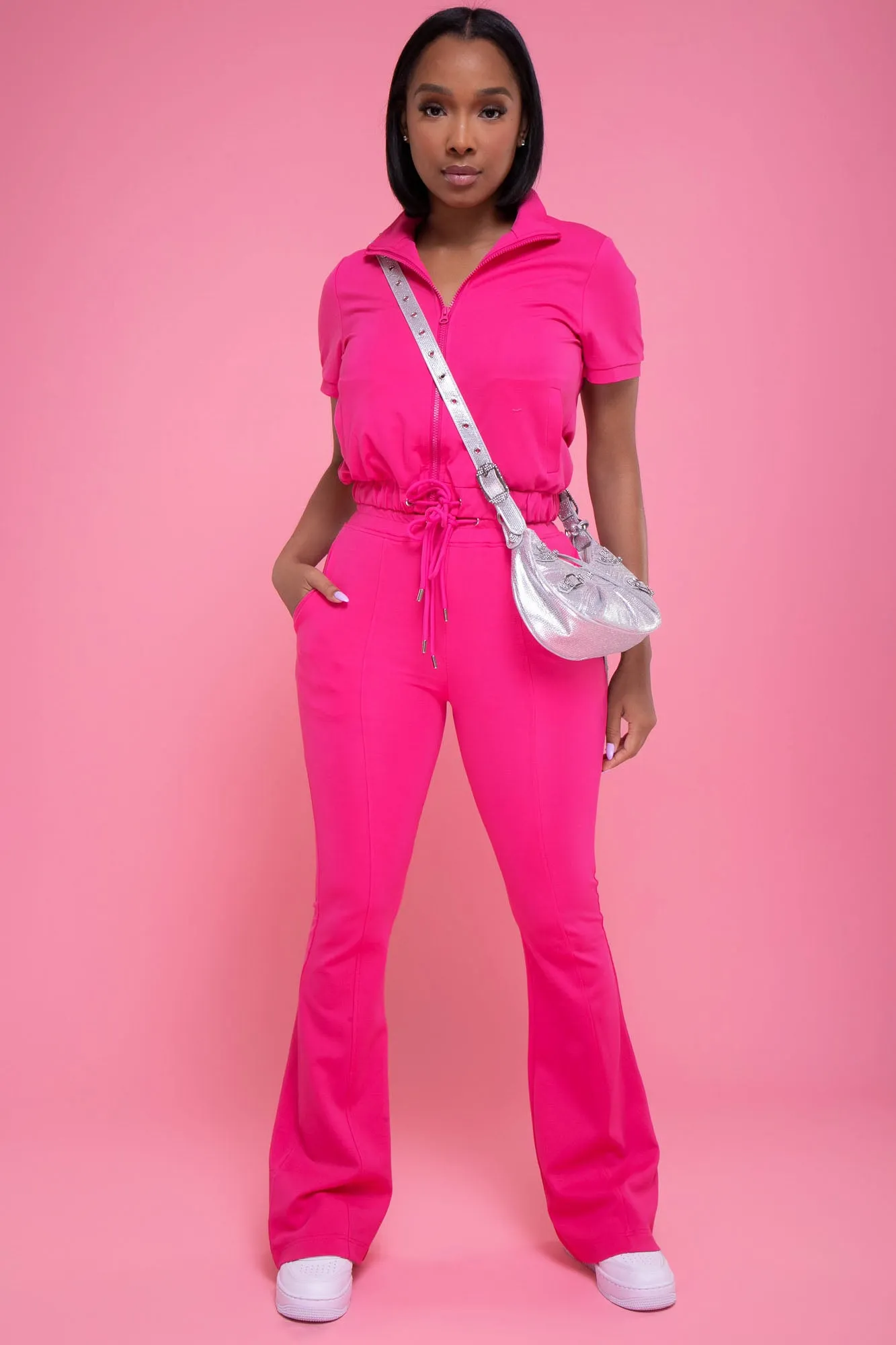 One Time Short Sleeve Flare Leg Pants Set - Fuchsia sold by Swankaposh