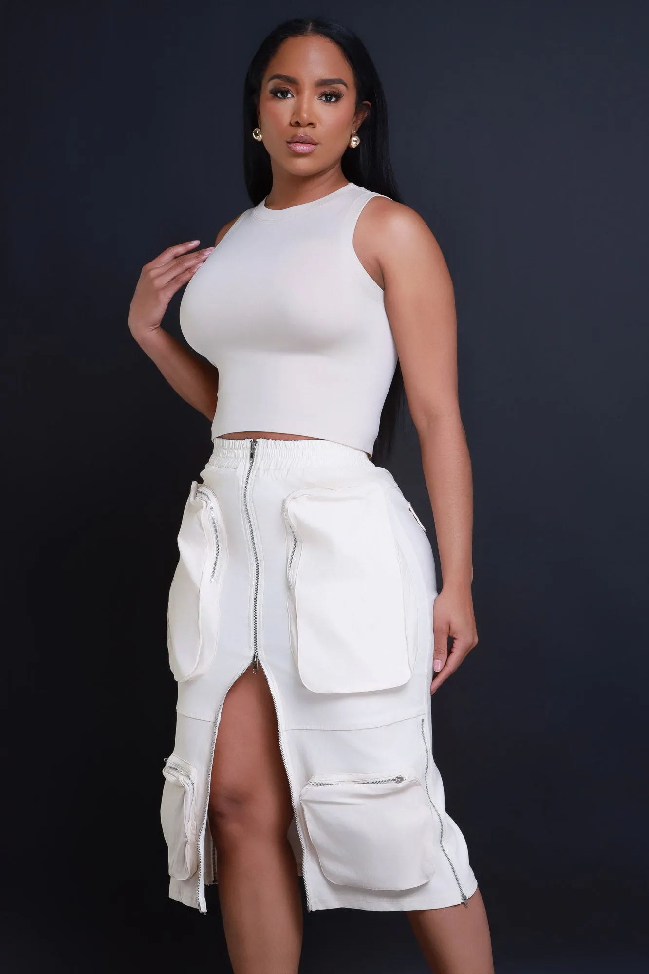 Get Busy Zippered Cargo Midi Skirt - Tan sold by Swankaposh product image thumbnail 5