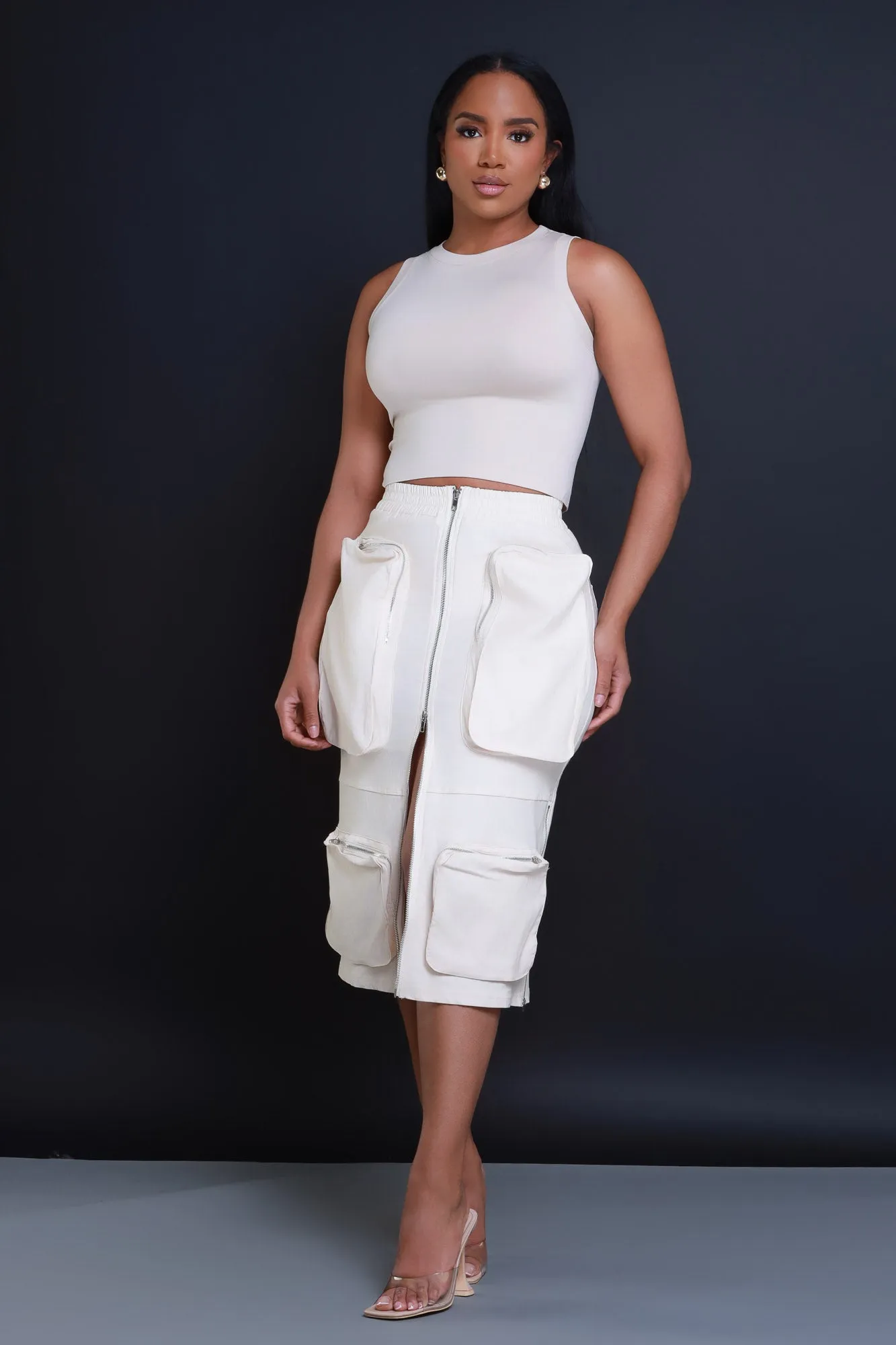 Get Busy Zippered Cargo Midi Skirt - Tan sold by Swankaposh