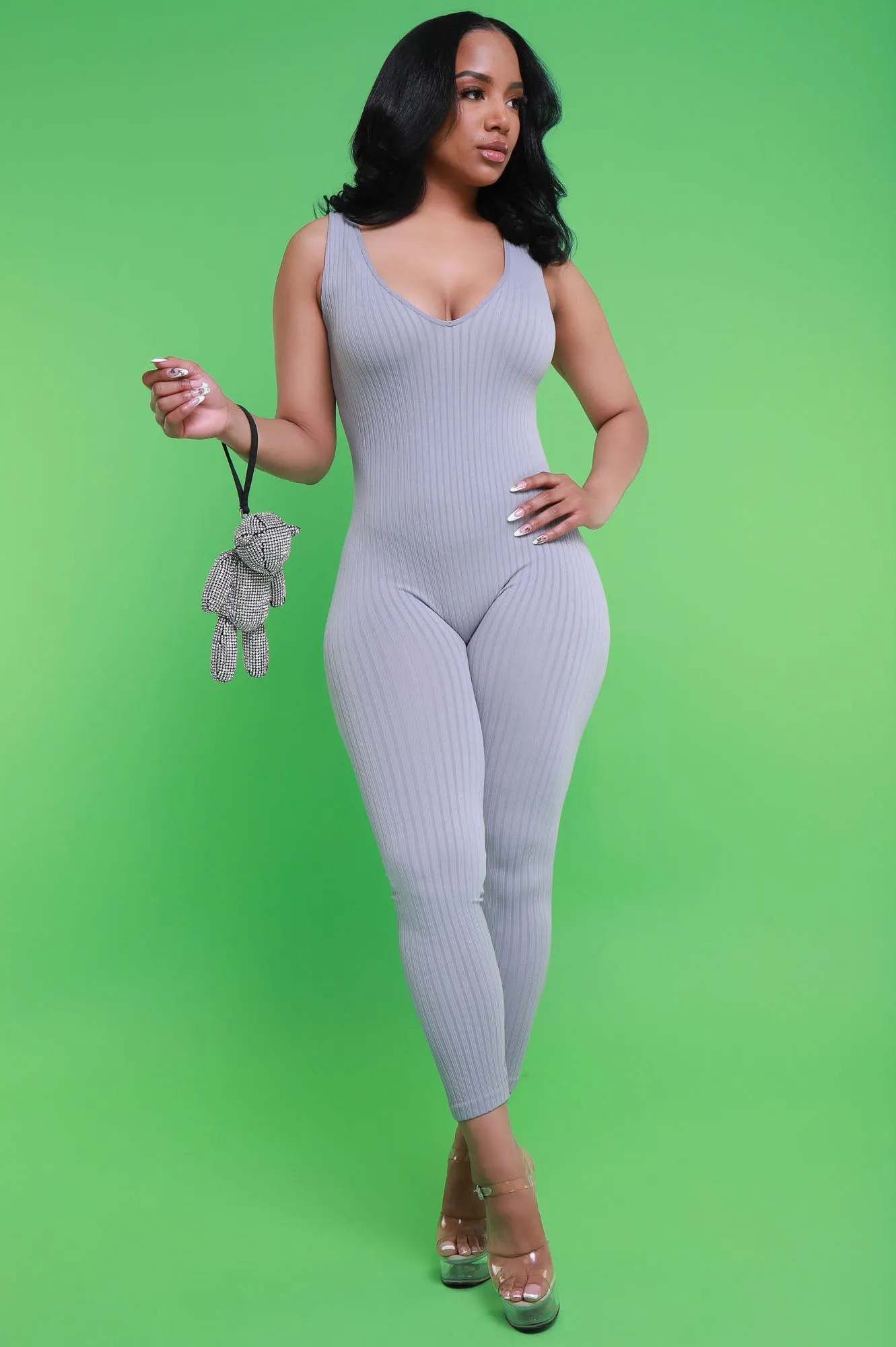 Iconic Sleeveless V-Neck Seamless Ribbed Jumpsuit - Grey sold by Swankaposh product image thumbnail 2