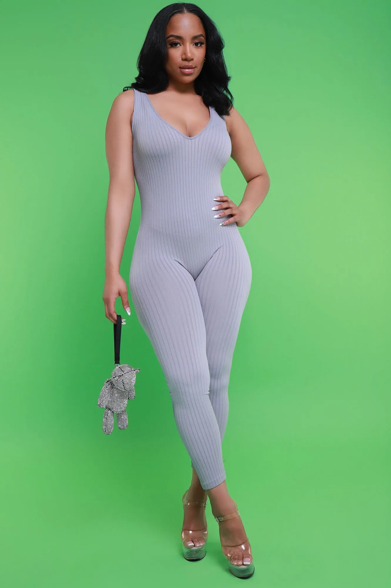 Iconic Sleeveless V-Neck Seamless Ribbed Jumpsuit - Grey sold by Swankaposh