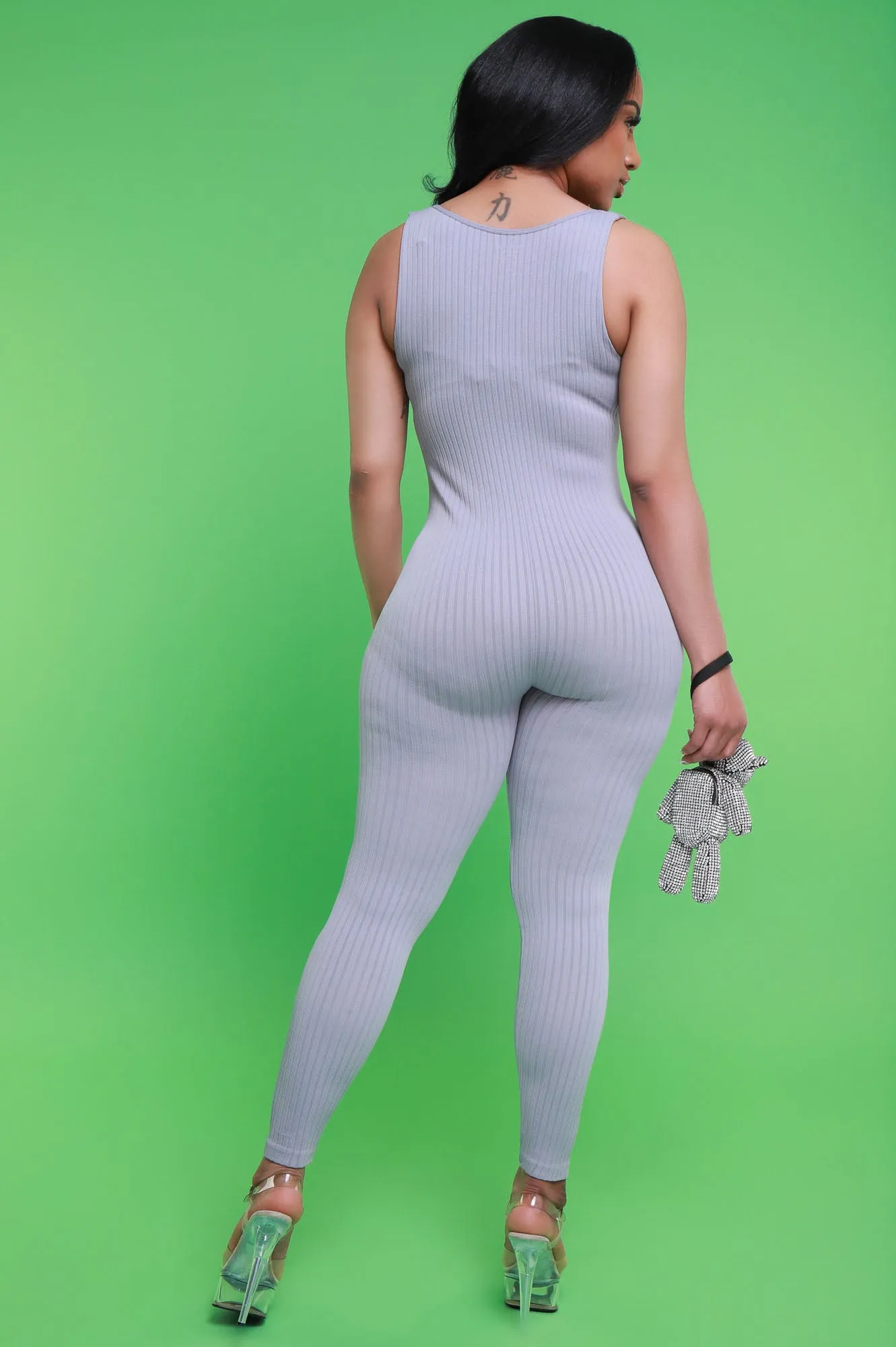 Iconic Sleeveless V-Neck Seamless Ribbed Jumpsuit - Grey sold by Swankaposh product image thumbnail 3