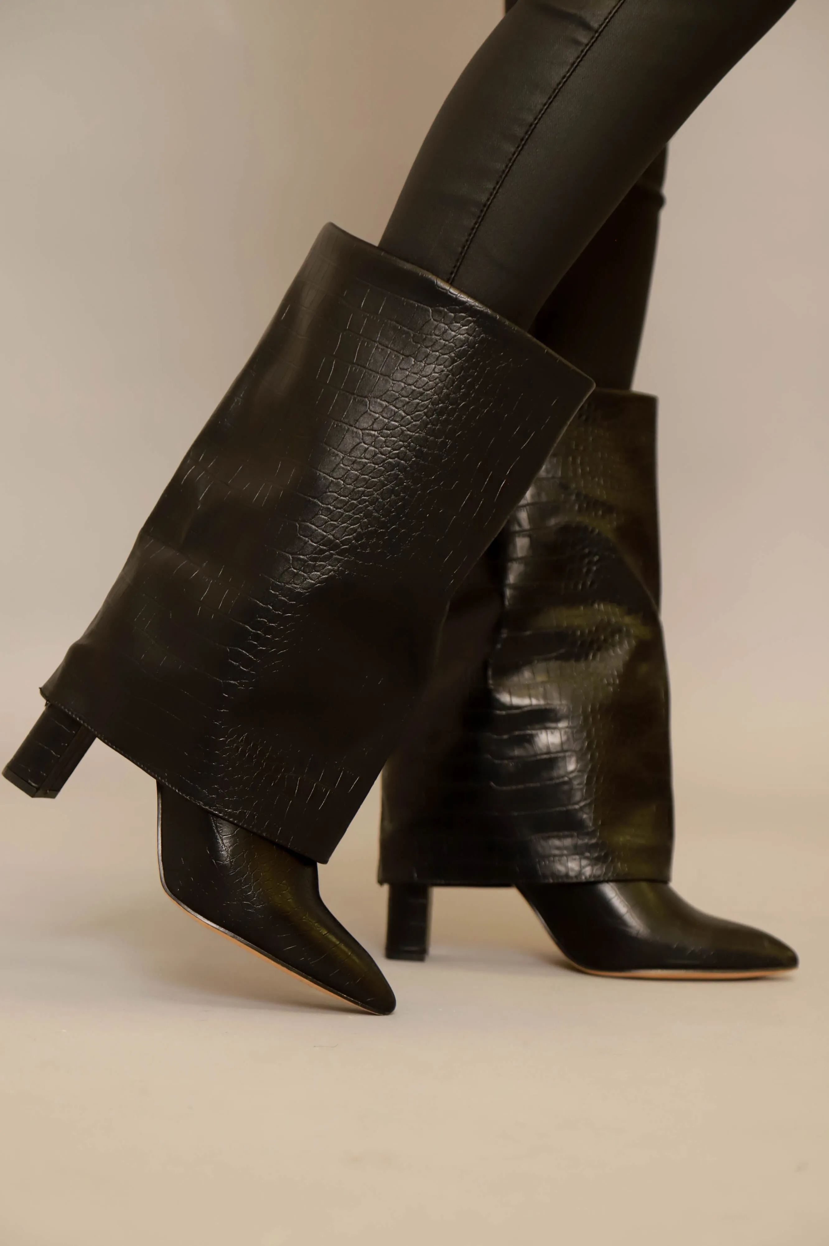My Mind Faux Leather Foldover Boot - Black sold by Swankaposh