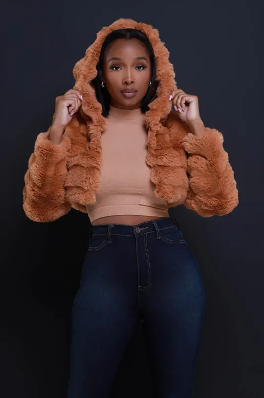 Open Arms Hooded Faux Fur Cropped Jacket - Taupe sold by Swankaposh