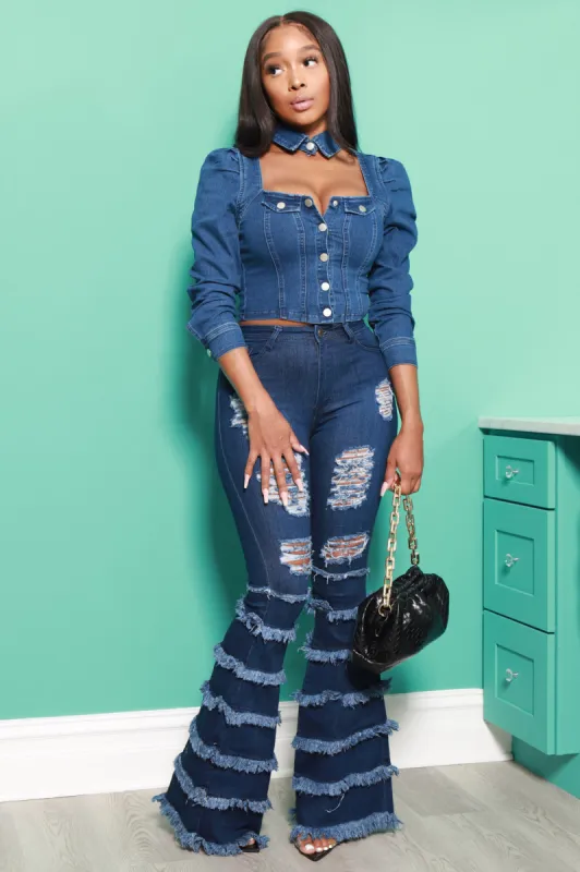 Promise Frayed High Rise Stretchy Flare Jeans - Dark Wash sold by Swankaposh