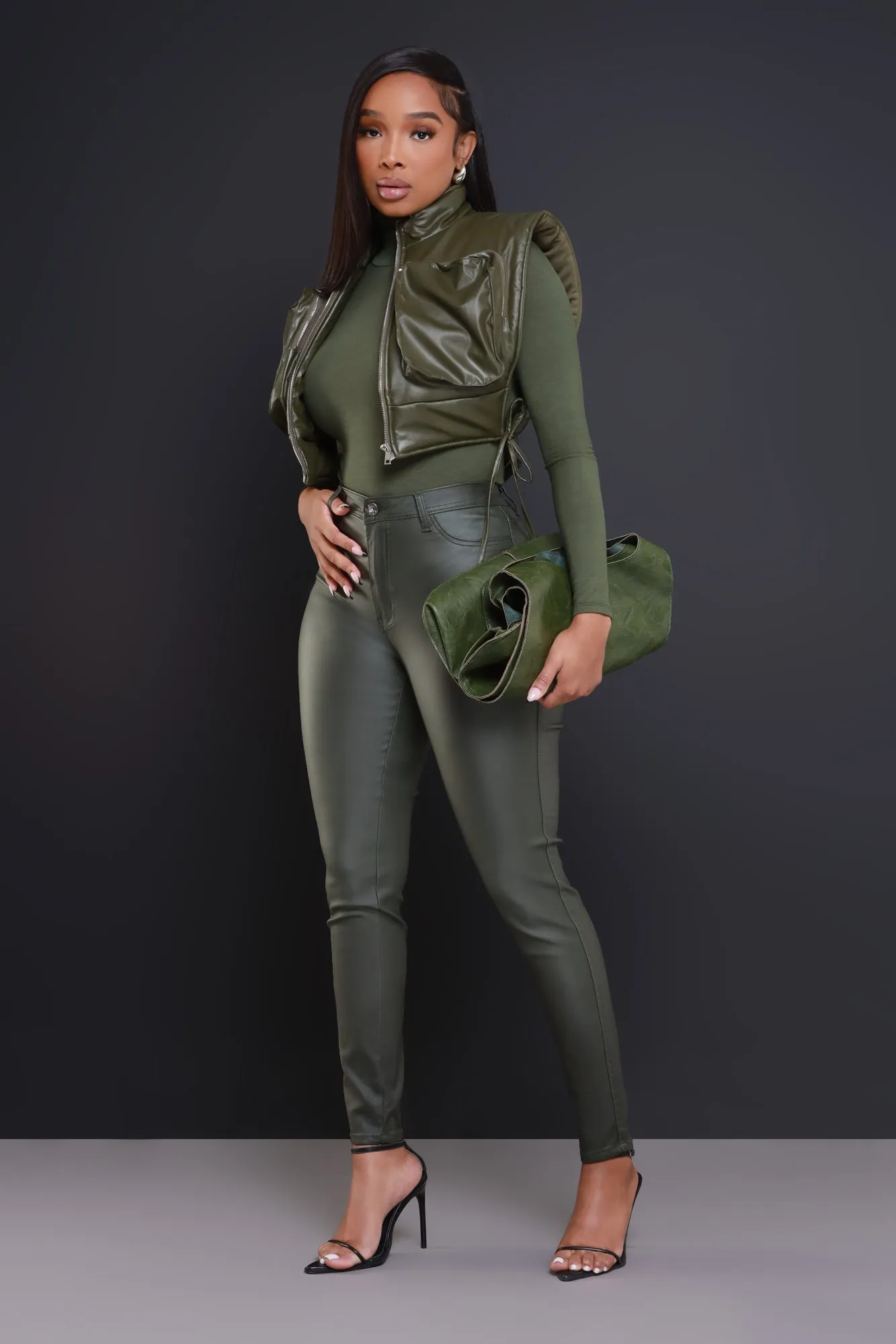 Win Again Faux Leather Cropped Vest - Olive sold by Swankaposh product image thumbnail 2