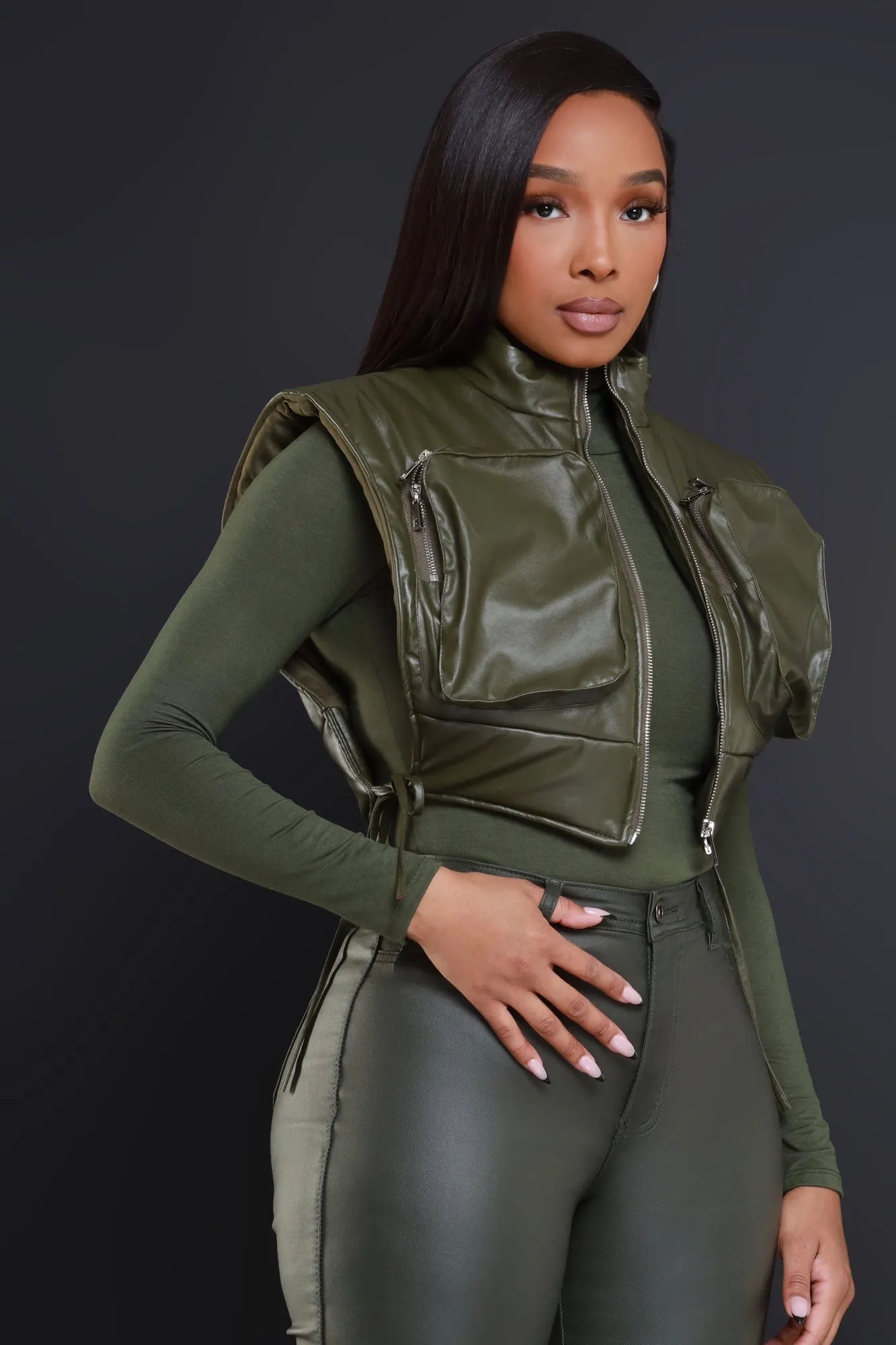 Win Again Faux Leather Cropped Vest - Olive sold by Swankaposh product image thumbnail 5