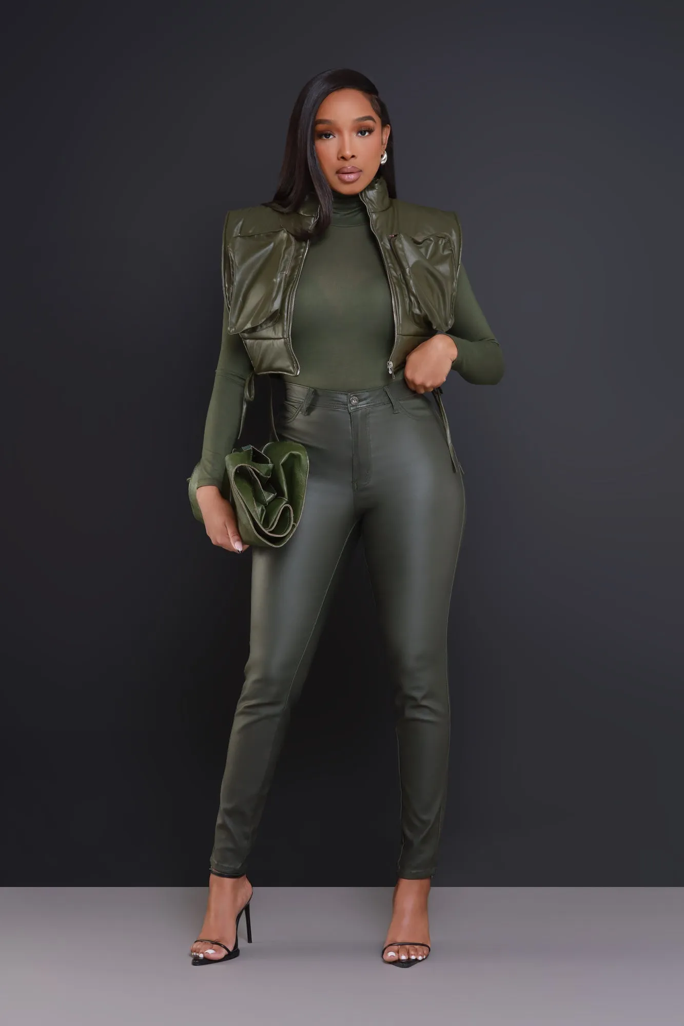 Win Again Faux Leather Cropped Vest - Olive sold by Swankaposh product image thumbnail 4