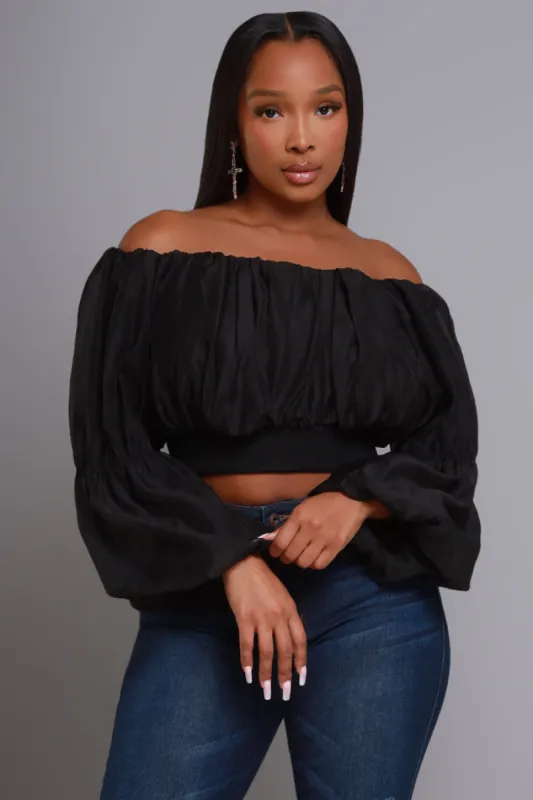Lean Back Balloon Sleeve Cropped Blouse - Black sold by Swankaposh