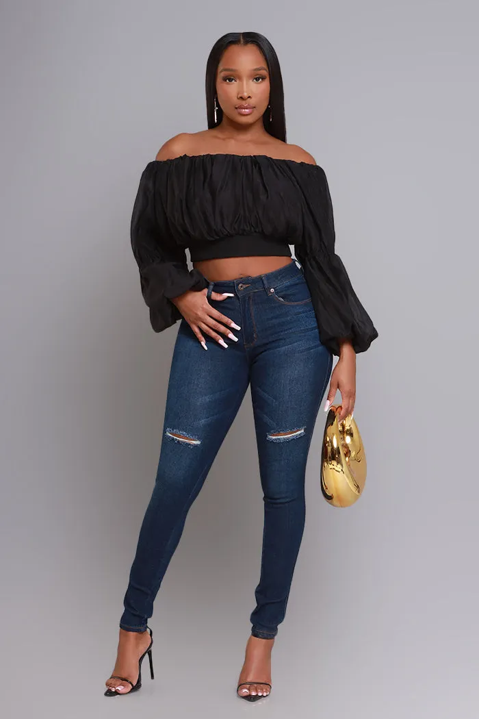 Lean Back Balloon Sleeve Cropped Blouse - Black sold by Swankaposh product image thumbnail 5