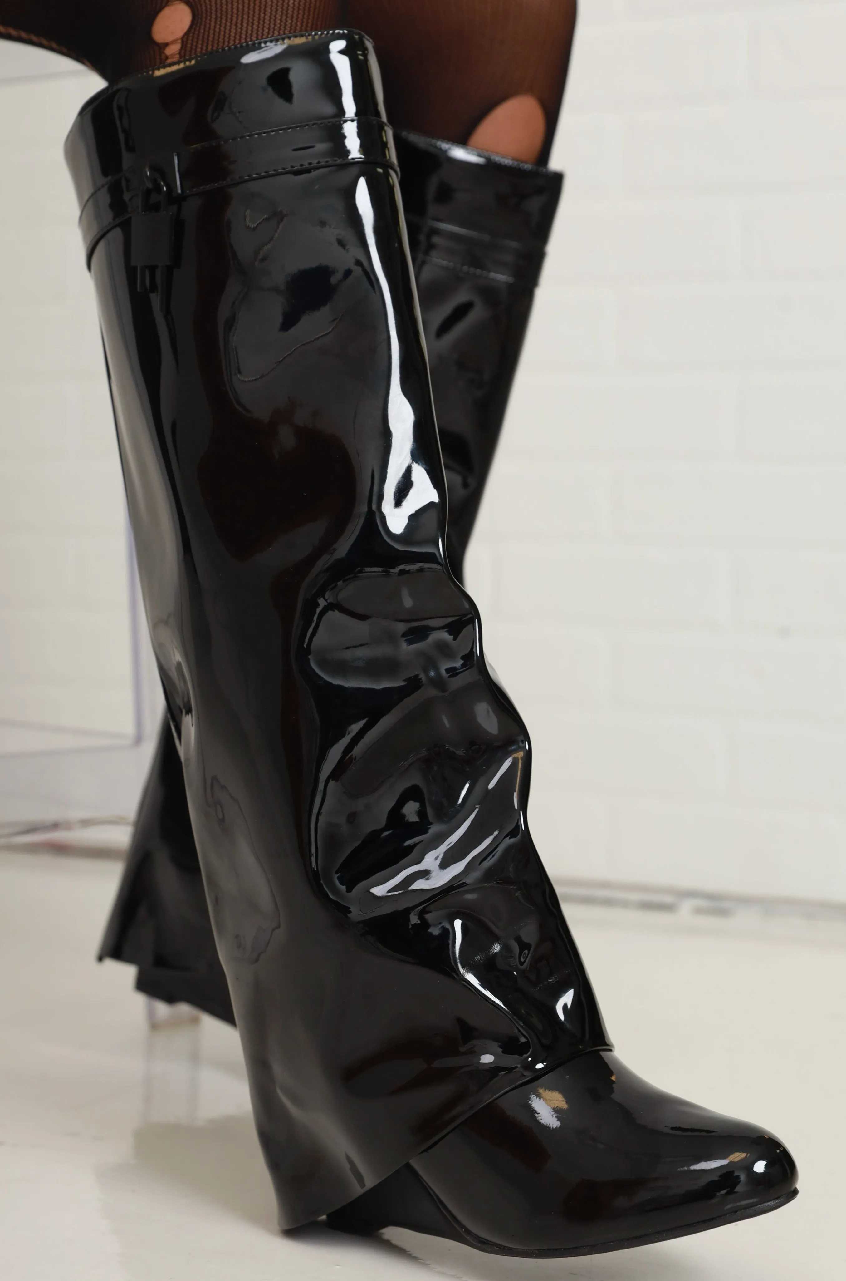 Lock & Key Faux Leather Knee High Boot - Black Patent sold by Swankaposh