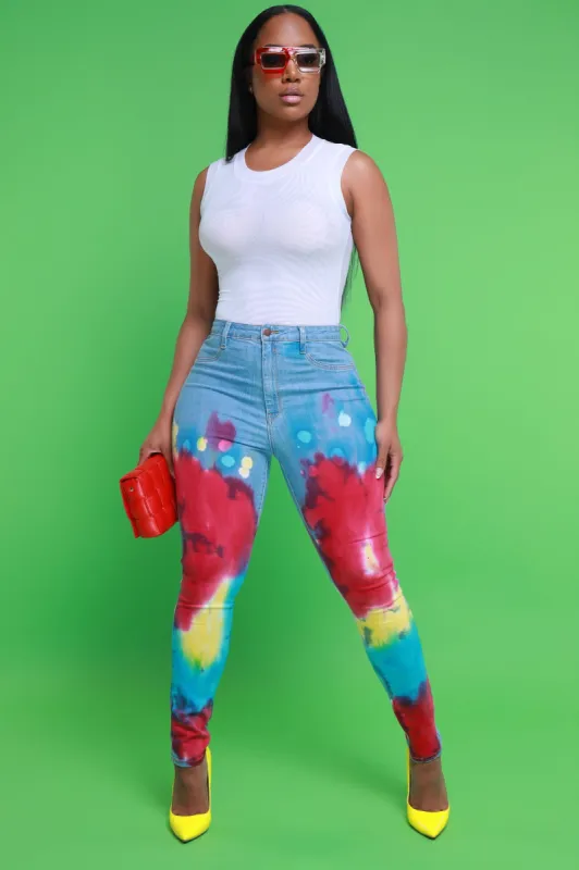 Over The Rainbow High Rise Painted Skinny Jeans - Red Tie Dye sold by Swankaposh