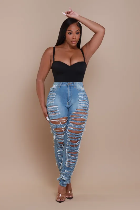 Ain't It Funny High Rise Ultra Distressed Skinny Jeans - Medium Wash sold by Swankaposh