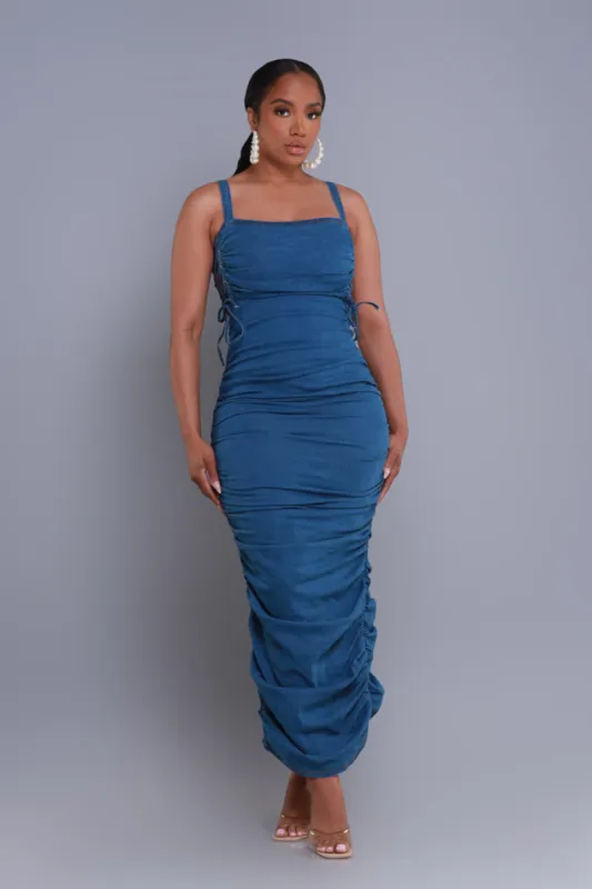 Free Of Charge Ruched Denim Maxi Dress - Medium Wash sold by Swankaposh