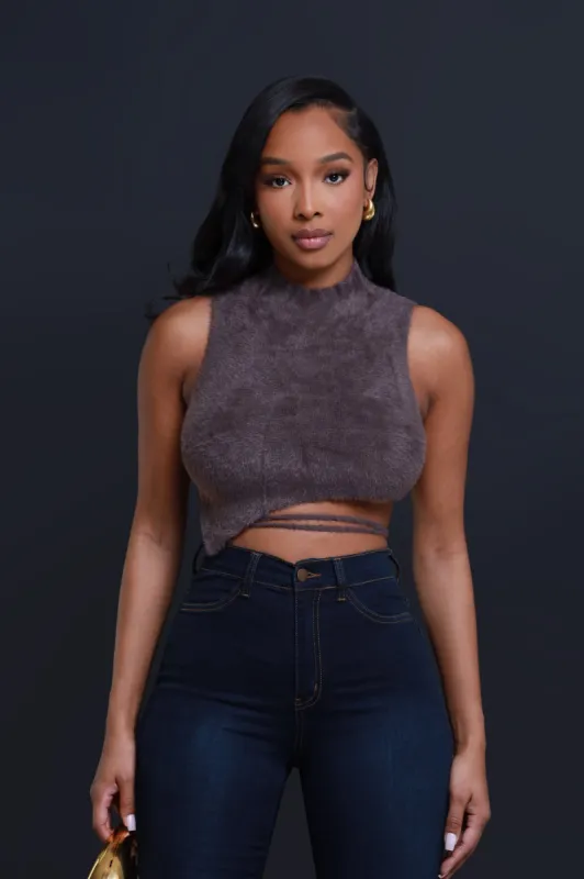 No Regrets Fuzzy Asymmetrical Crop Top - Chocolate sold by Swankaposh