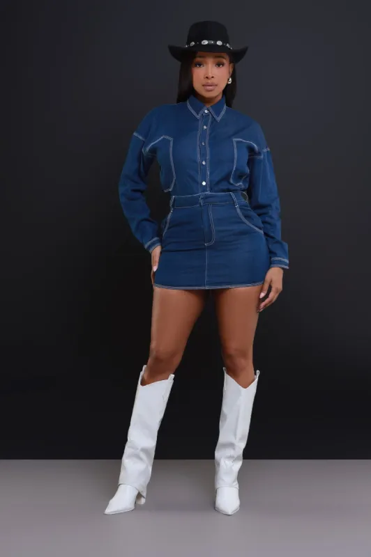 Place Your Bets Denim Skirt Set - Dark Blue sold by Swankaposh
