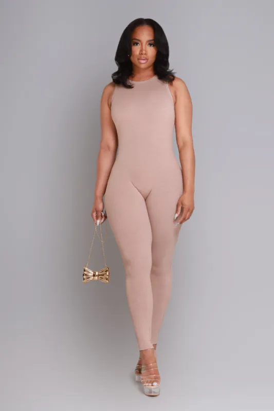 About That Snatched Cellulite Deleter Sleeveless Jumpsuit - Tan sold by Swankaposh