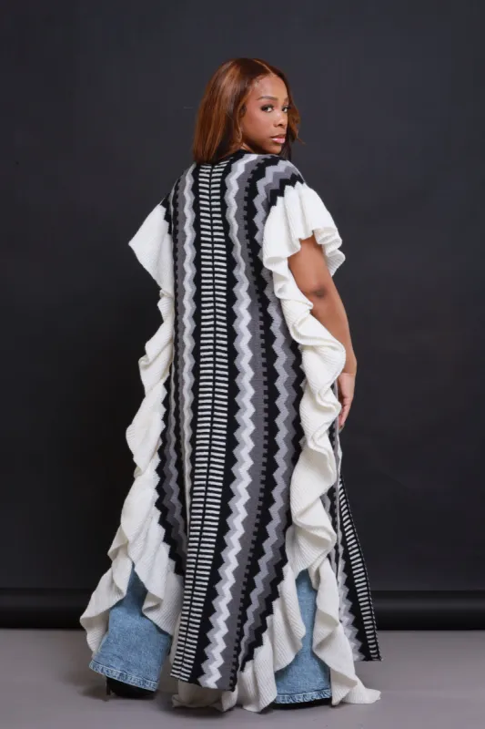 Peace Offering Longline Ruffle Cardigan - Black Multicolor sold by Swankaposh