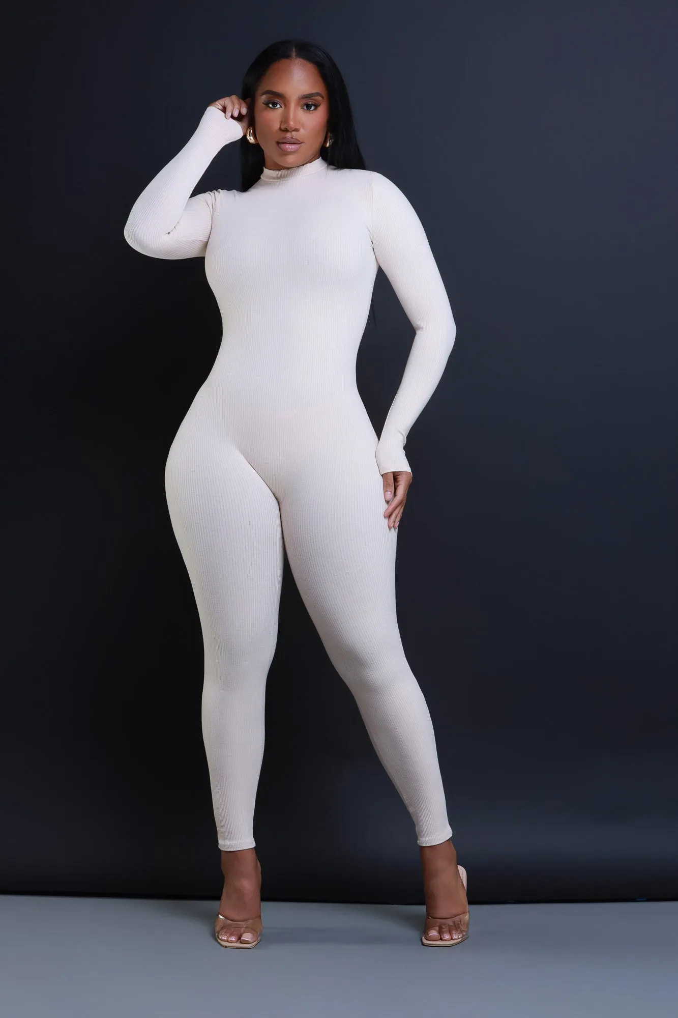 Tap Out Cellulite Deleter Mock Neck Jumpsuit - Cream sold by Swankaposh