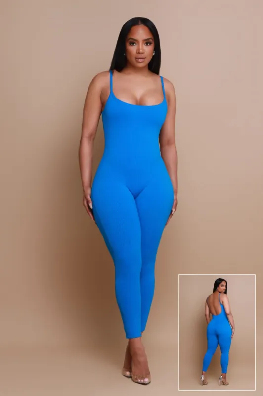 Beat Drop Cellulite Deleter Open Back Jumpsuit - Blue sold by Swankaposh