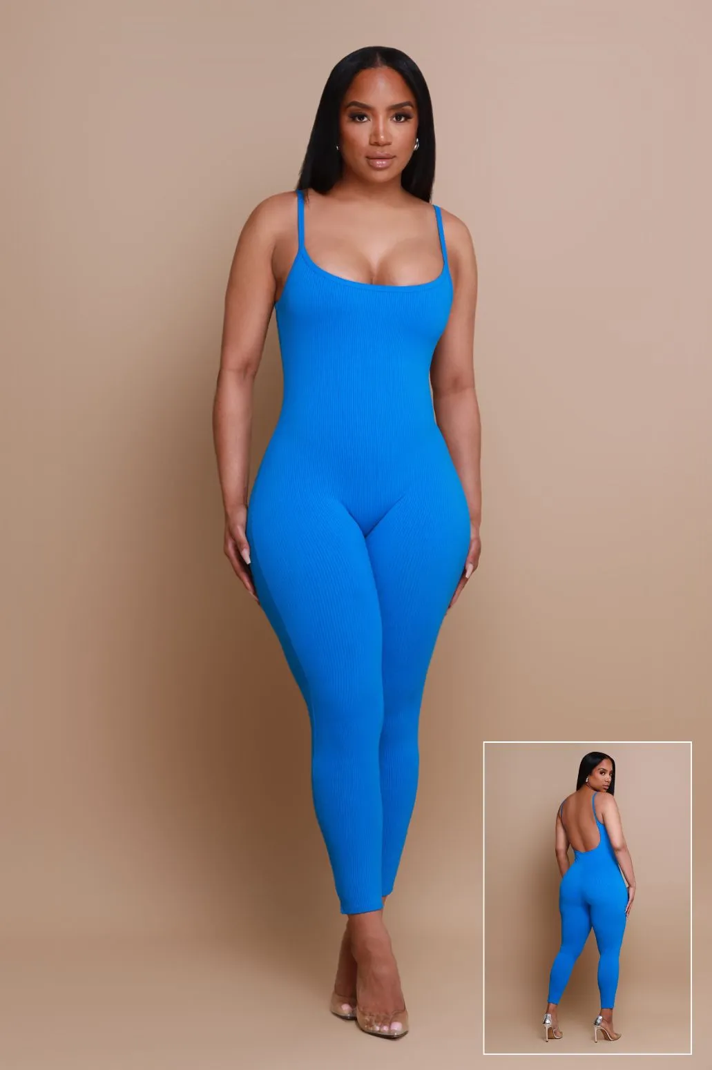Beat Drop Cellulite Deleter Open Back Jumpsuit - Blue sold by Swankaposh