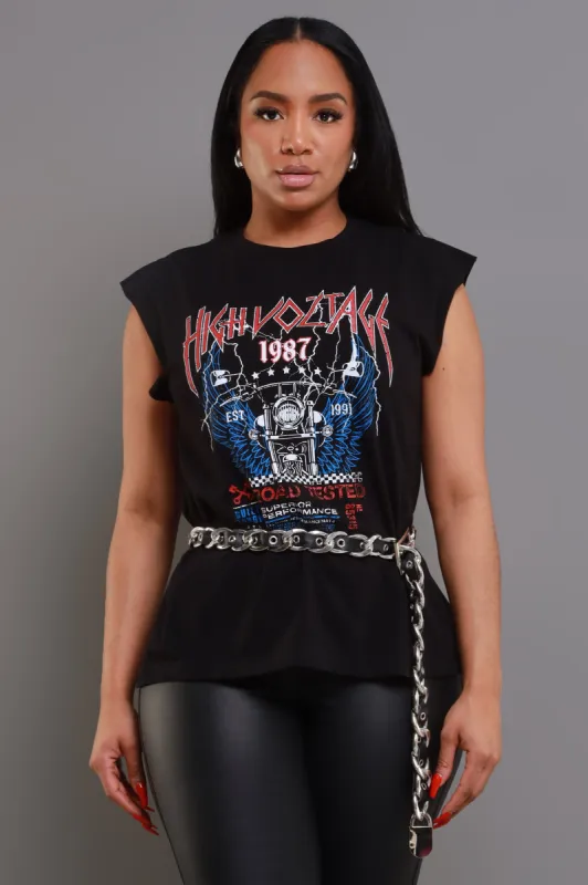 High Voltage Cut Graphic Tank - Black sold by Swankaposh