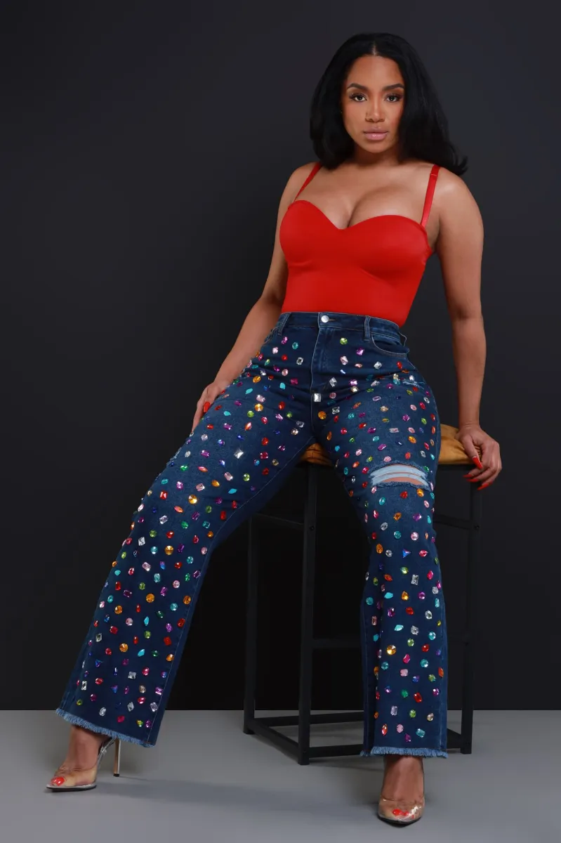 Sparkler Rhinestone Studded Straight Leg Jeans - Dark Wash sold by Swankaposh